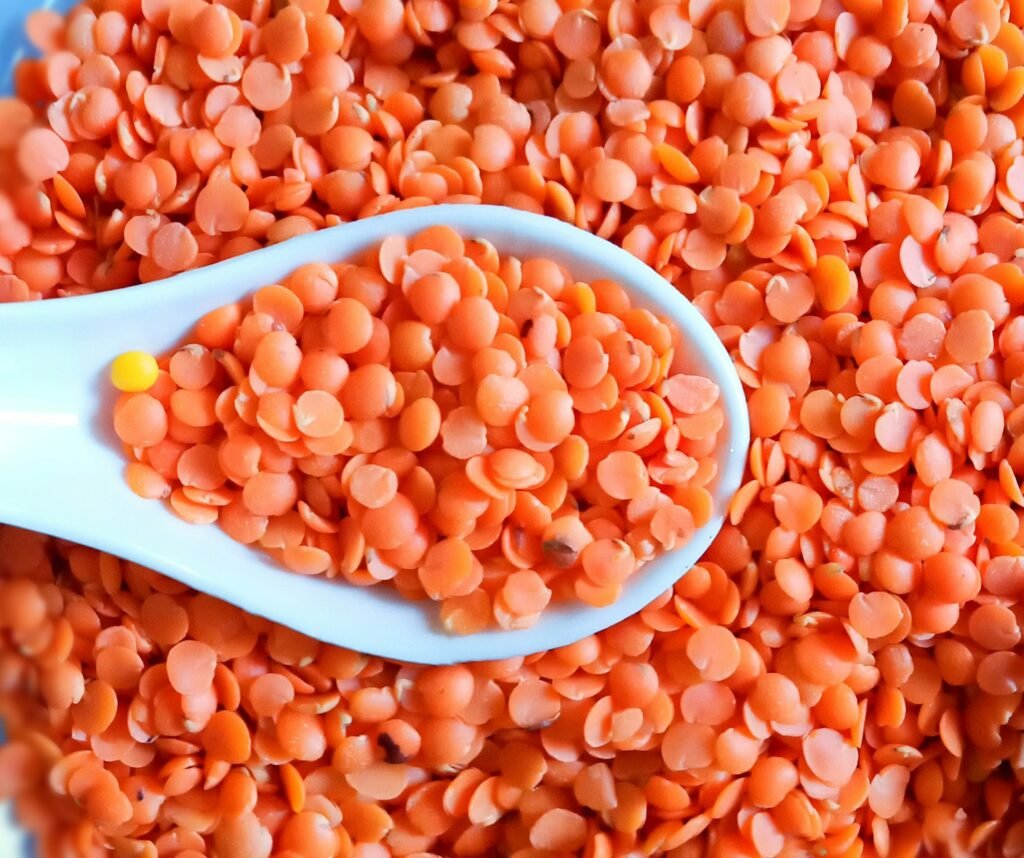 Qué son las lentejas - A spoon full of red lentils in a blue bowl