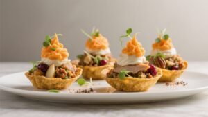 Totopos rellenos de pavo y relleno de accion de gracias con una crema holandesa de calabaza encima