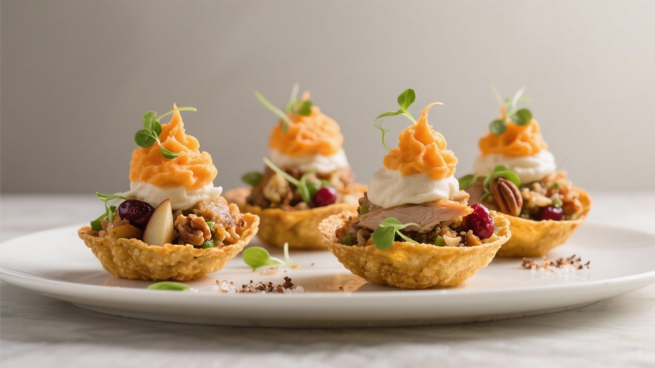Totopos rellenos de pavo y relleno de accion de gracias con una crema holandesa de calabaza encima