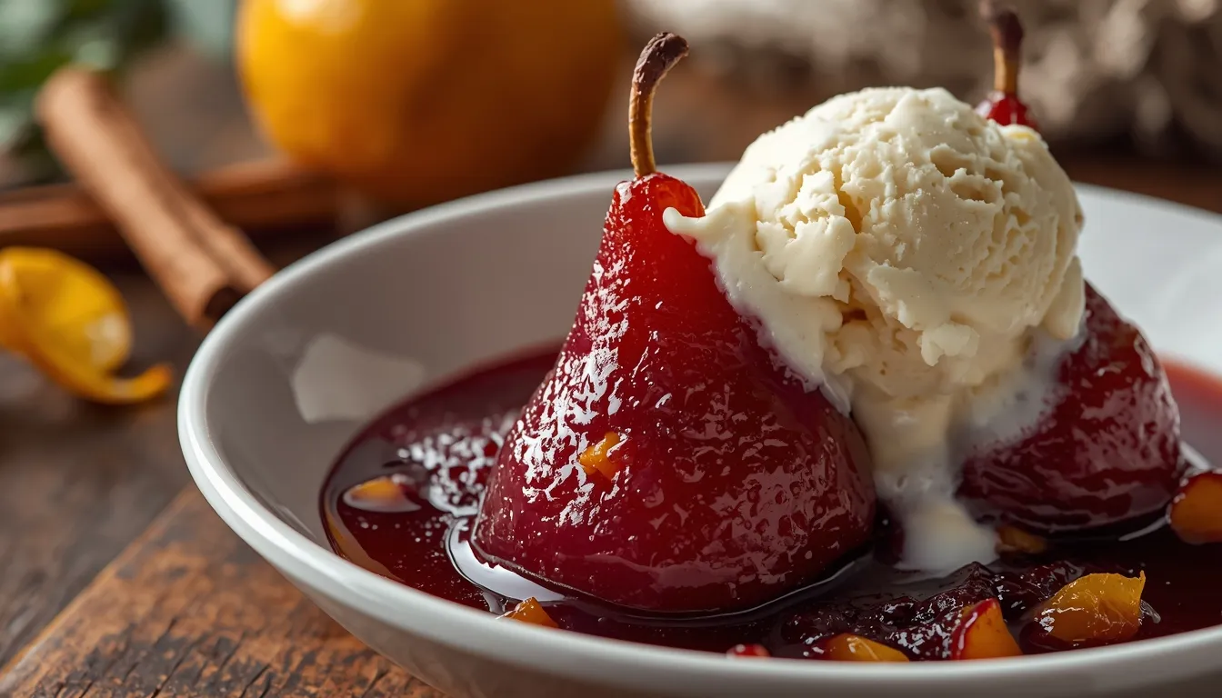 Peras al vino servidas con helado